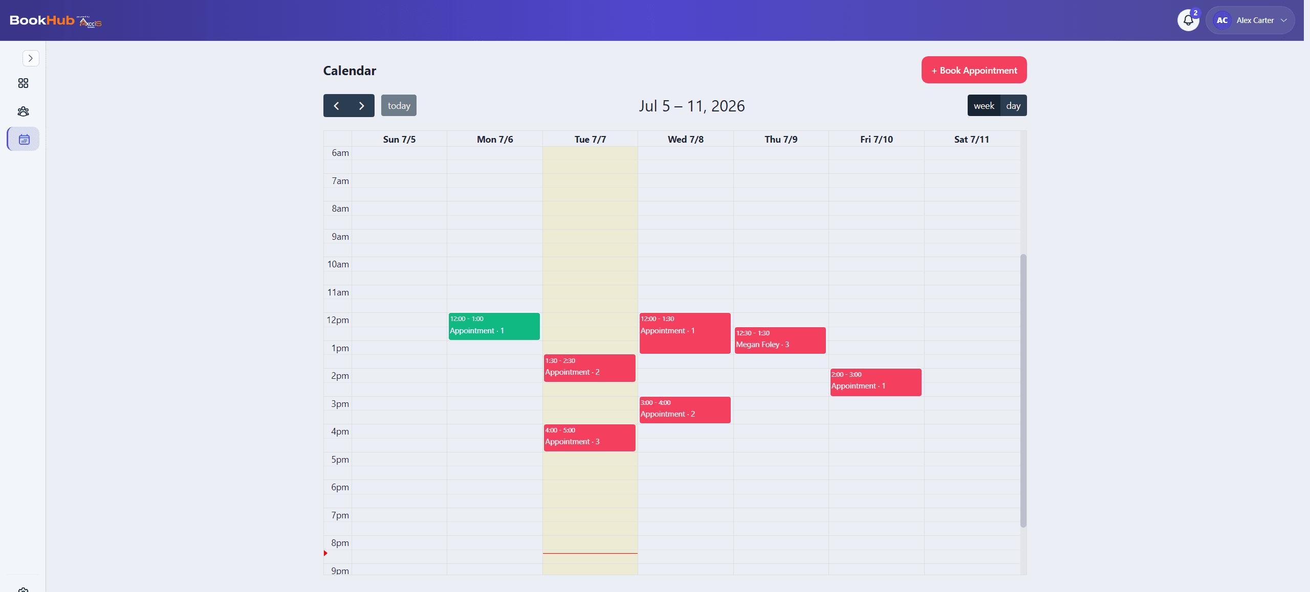 BookHub calendar — appointments booked by the AI receptionist land against rep availability
